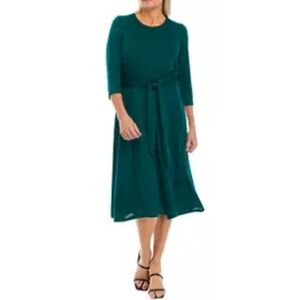 Robbie Bee Midi Dress Womens 3/4 Sleeve Waist Tie Size Small Evergreen